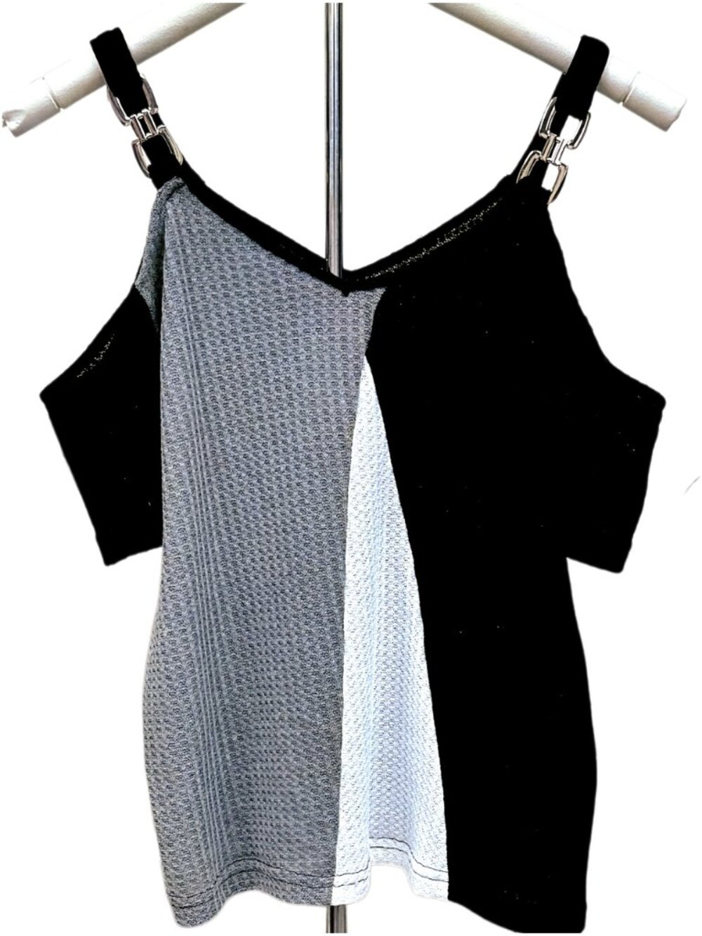 Gray White Black Short Sleeve Top Colorblock Cold Shoulder Blouse Cami Medium